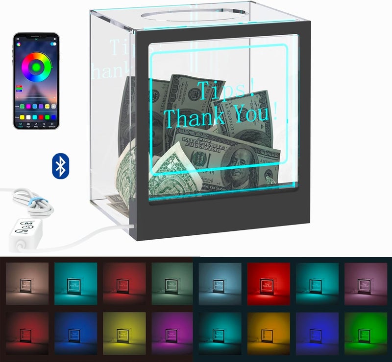 HEMYLU Light Up Tip Jar with Large Opening, RGB LED Lights for Tip Collection & Donations, Customizable Message Slide for Money, Voting, and Ballots, Perfect for Events, Restaurants, and Fundraisers - Image 2